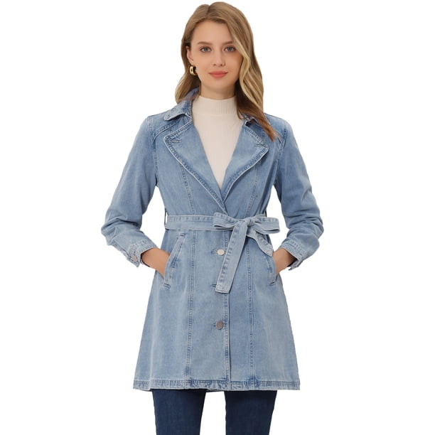 Chaqueta Vaquera Allegra K Larga Con Cinturón Y Solapa Con Muesca Para Mujer Gris Azulado XS