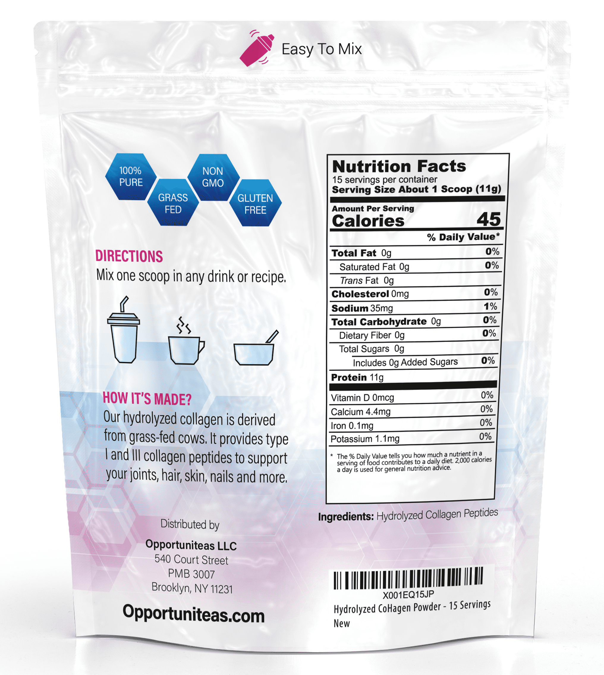 Opportuniteas - Collagen Peptides Powder, Grass Fed, Unflavored, 1 Ingredient, 15 servings