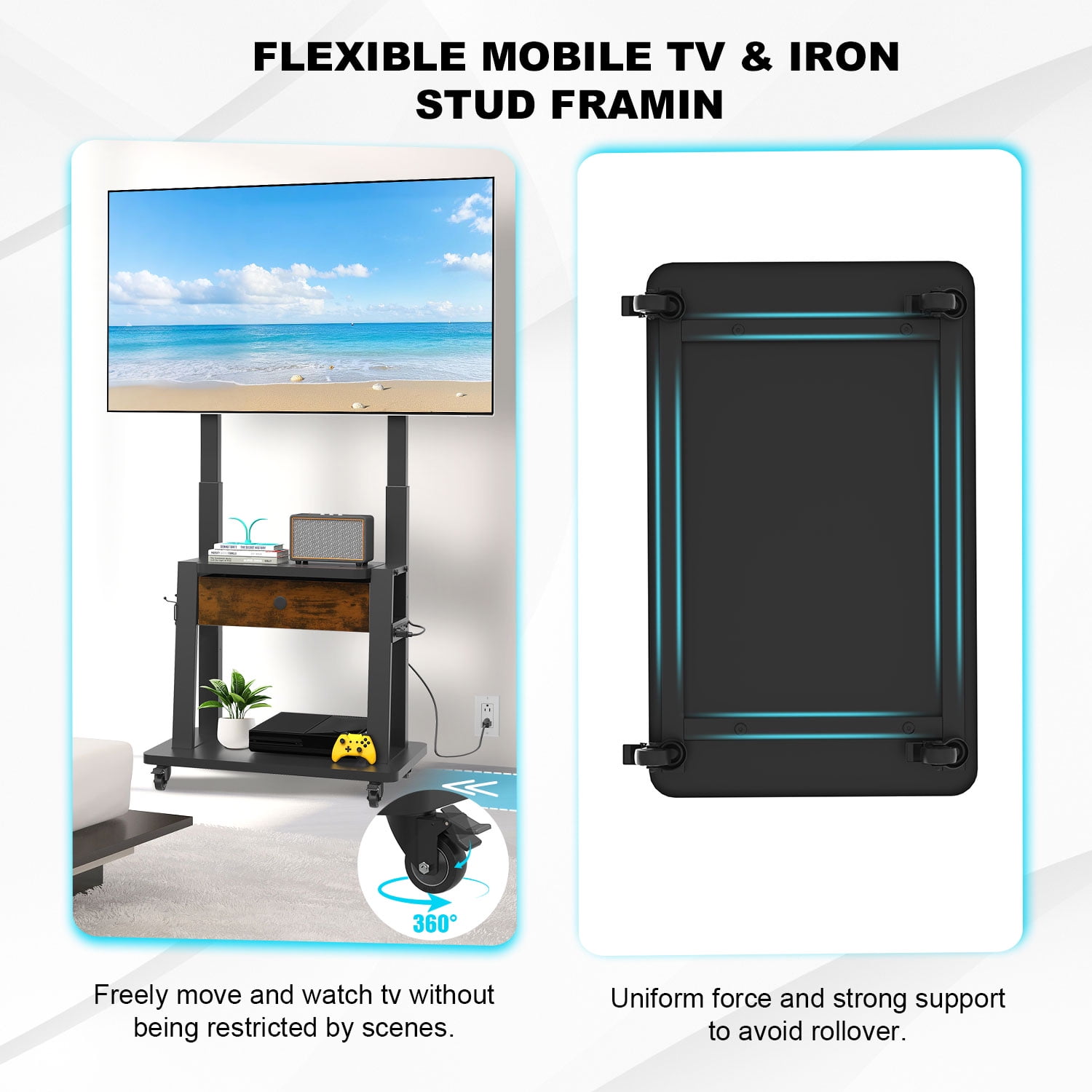 Hellsehen Rolling TV Stand with Fabric Drawers Power Outlet Adjustable Height for 32-75 inch Flat Screens Black Retro