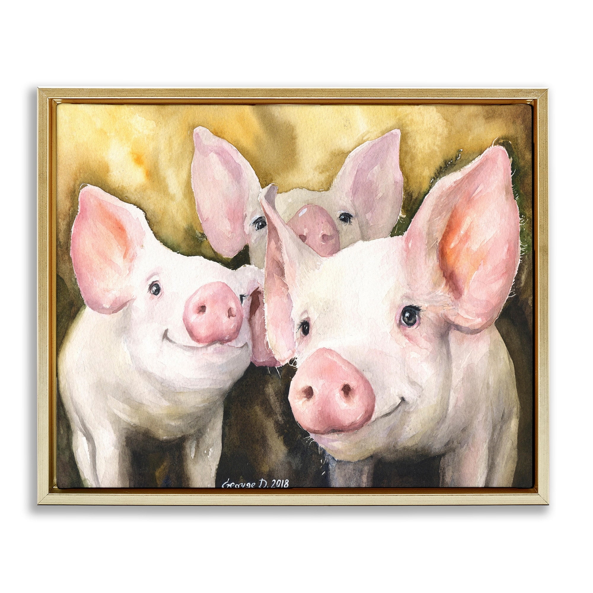 Stupell Industries Baby Pigs Animal Yellow Watercolor Painting Metallic Gold Framed Floating Canvas Wall Art, 16x20, by George Dyachenko