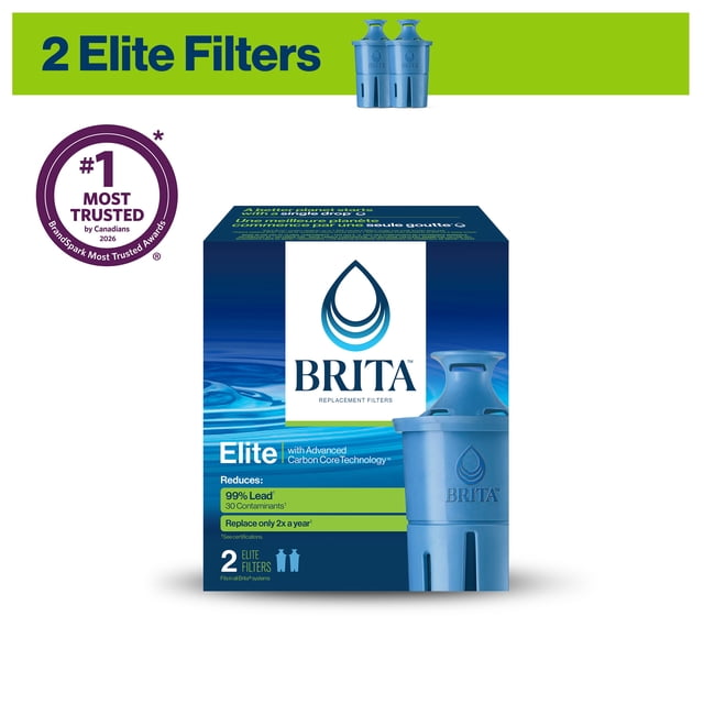 Brita Elite Replacement Filter, Reduces 30+ contaminants, WQA Certified to reduce Lead, Microplastics, Chromium and Chlorine, Lasts 6 months, 2 Count