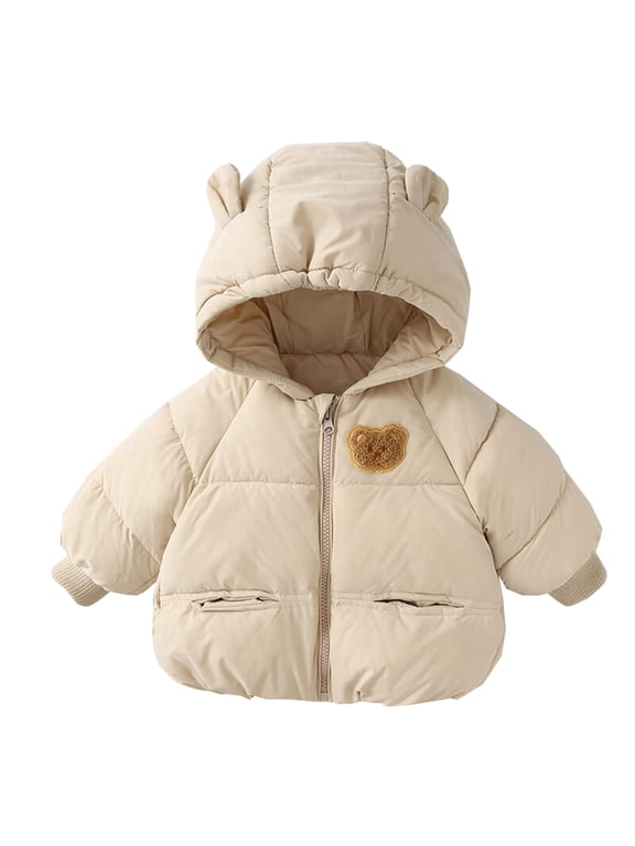 Toddler Kids Boys Girls Hooded Puffer Jacket Bear Ear Patch Zip Up Winter Warm Coat Outerwear 12-18 Months