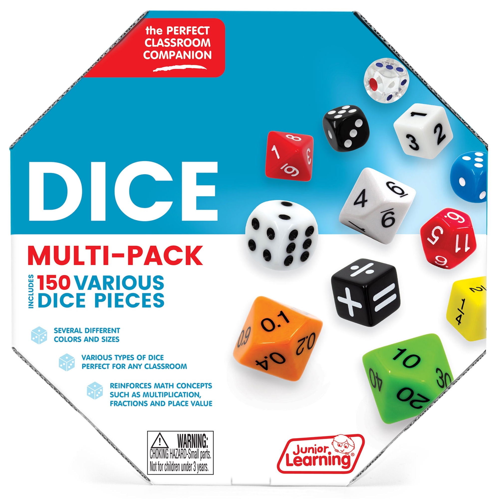 Junior Learning: Dice Multi-Pack - 150 Various Pieces - Multiple Sizes & Values, Math Concepts-Fractions-Equations, Use For Kids Play & Learning Games