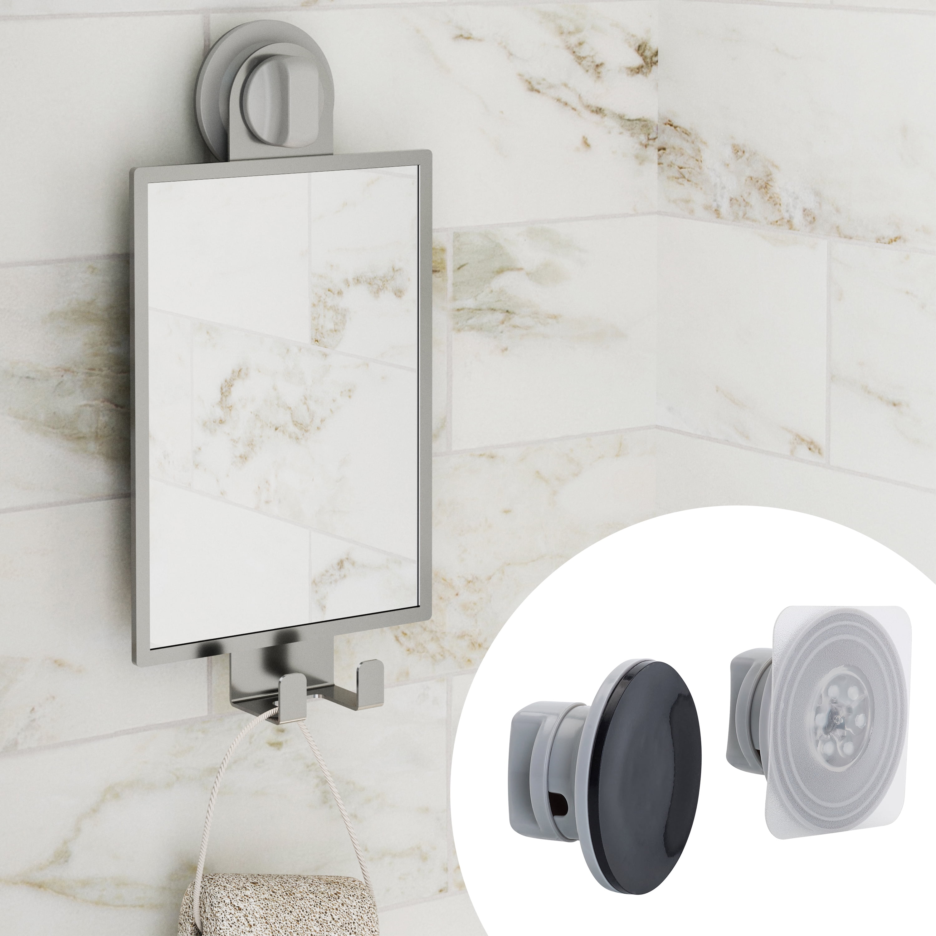 Better Homes & Gardens Adhesive or Suction Fogless Shower Mirror for Shaving and More, Satin Nickel