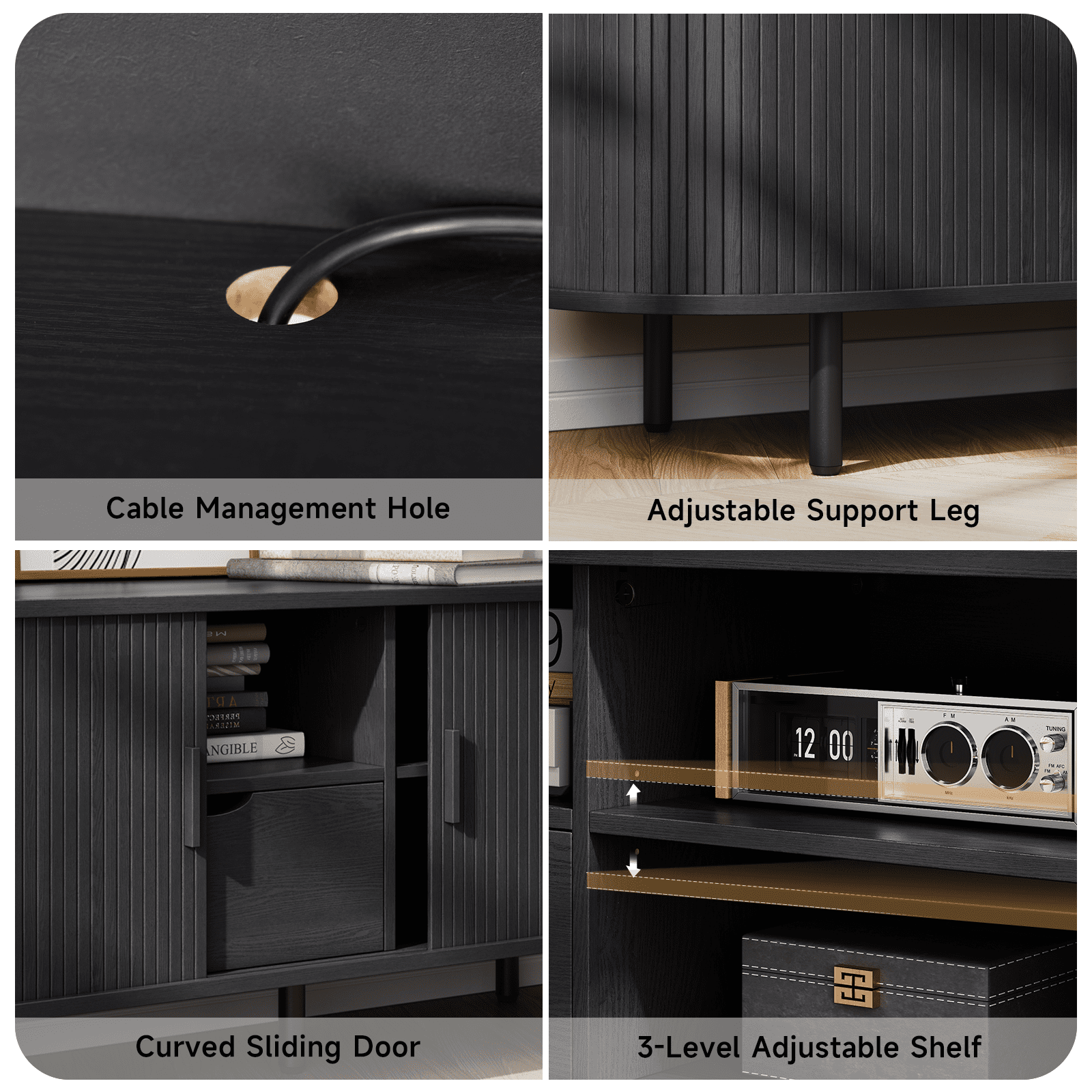 ROGALIS 69 Inch TV Stand features a built-in power outlet is Compatible with up to 80 inches TVs, Includes ample storage, drawers, adjustable shelves, and a sliding door design, black