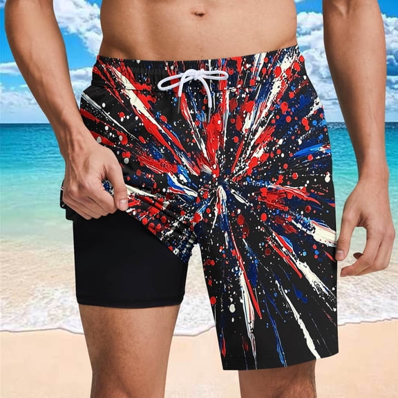 Jjayotai Mens George Shorts, Men's USA Flag Printed Shorts, Beach Shorts Lining Shorts with Compression Liner Pocket Elastic Waist Drawstring