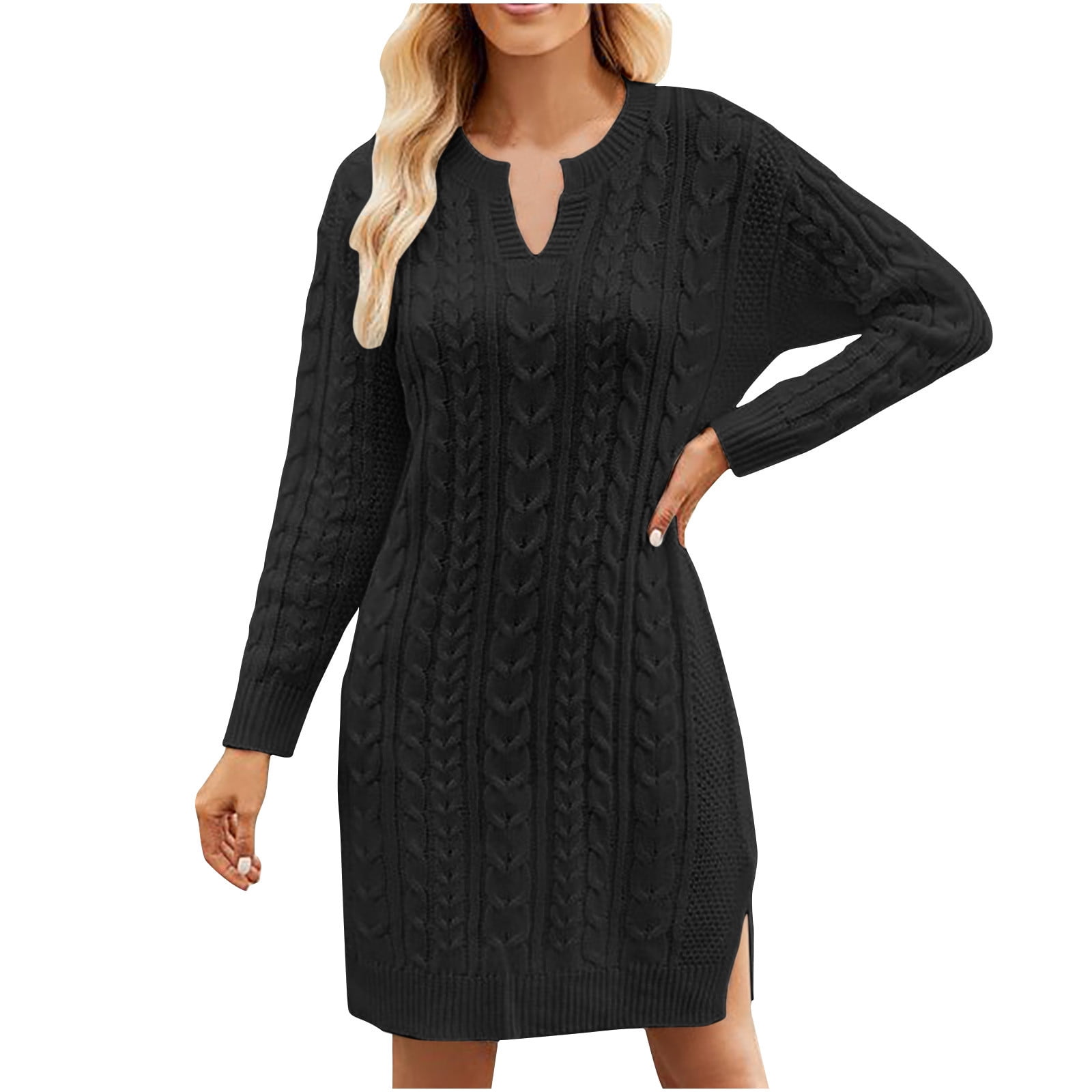Robe Pull pour Femmes Manches Longues Col Rond Tricot Torsadé Robe