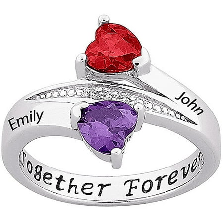 Personalized Sterling Silver Couple's Birthstone Heart Name Ring with Diamond Accent