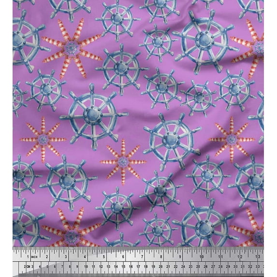 Soimoi Purple Rayon Fabric Lighthouse & Ship Wheel Nautical Printed Fabric 1 Yard 56 Inch Wide