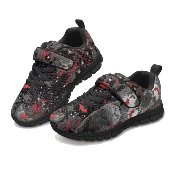 Pointodoor Neon Spider Planet Shoes for Boys Size 1.5 Little Kid Halloween Knitted Mesh Black Sneaker Lightweight Anti Slip Athletic Running School Tennis Walking Shoes