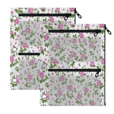 2 Pack 3-Ring Binder Pencil Pouch with Clear PVC Windows Delicate Pink Rose Print Large Capacity Stationery Bag for Classroom Office Supplies