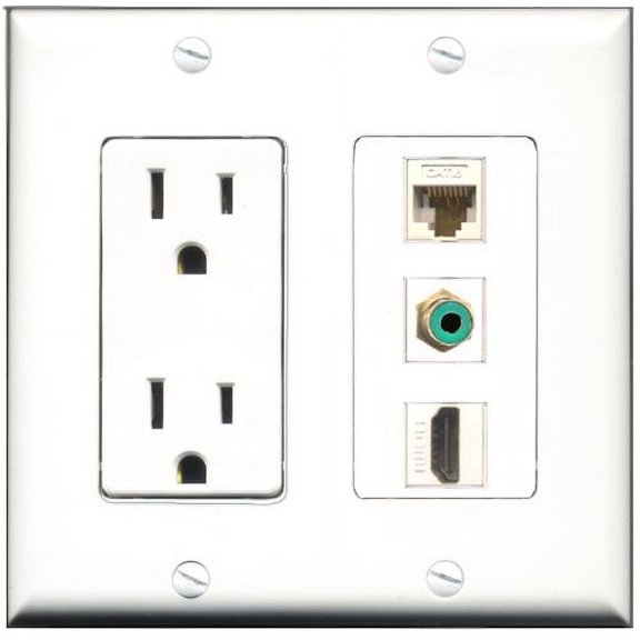 RiteAV - 15 Amp Power Outlet 1 Port HDMI 1 Port RCA Green 1 Port Cat6 Ethernet Ethernet White Decorative Wall Plate