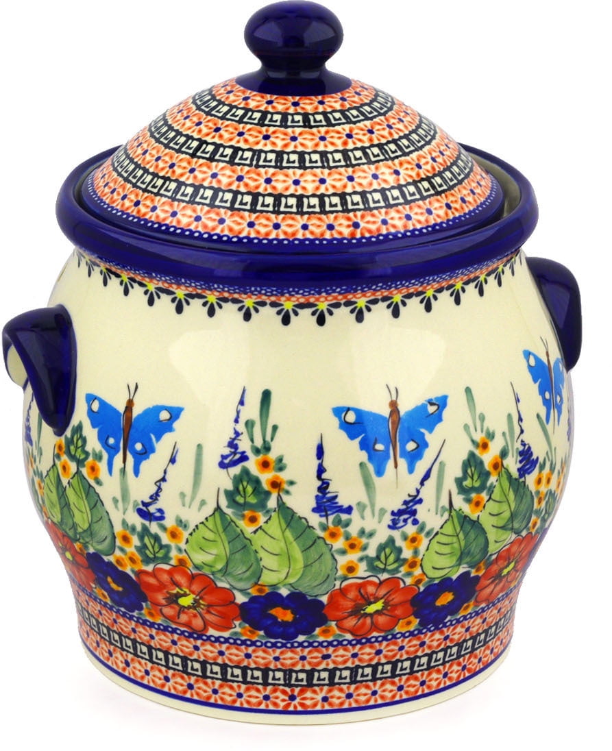 Polish pottery jar with lid and handles 11 inch polmedia spring