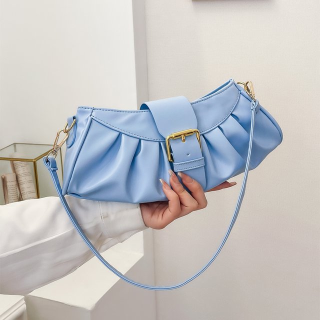Bolso de hombro plisado Color sólido PU Cuero Cloud Underarm Bag para fiesta (Azul)