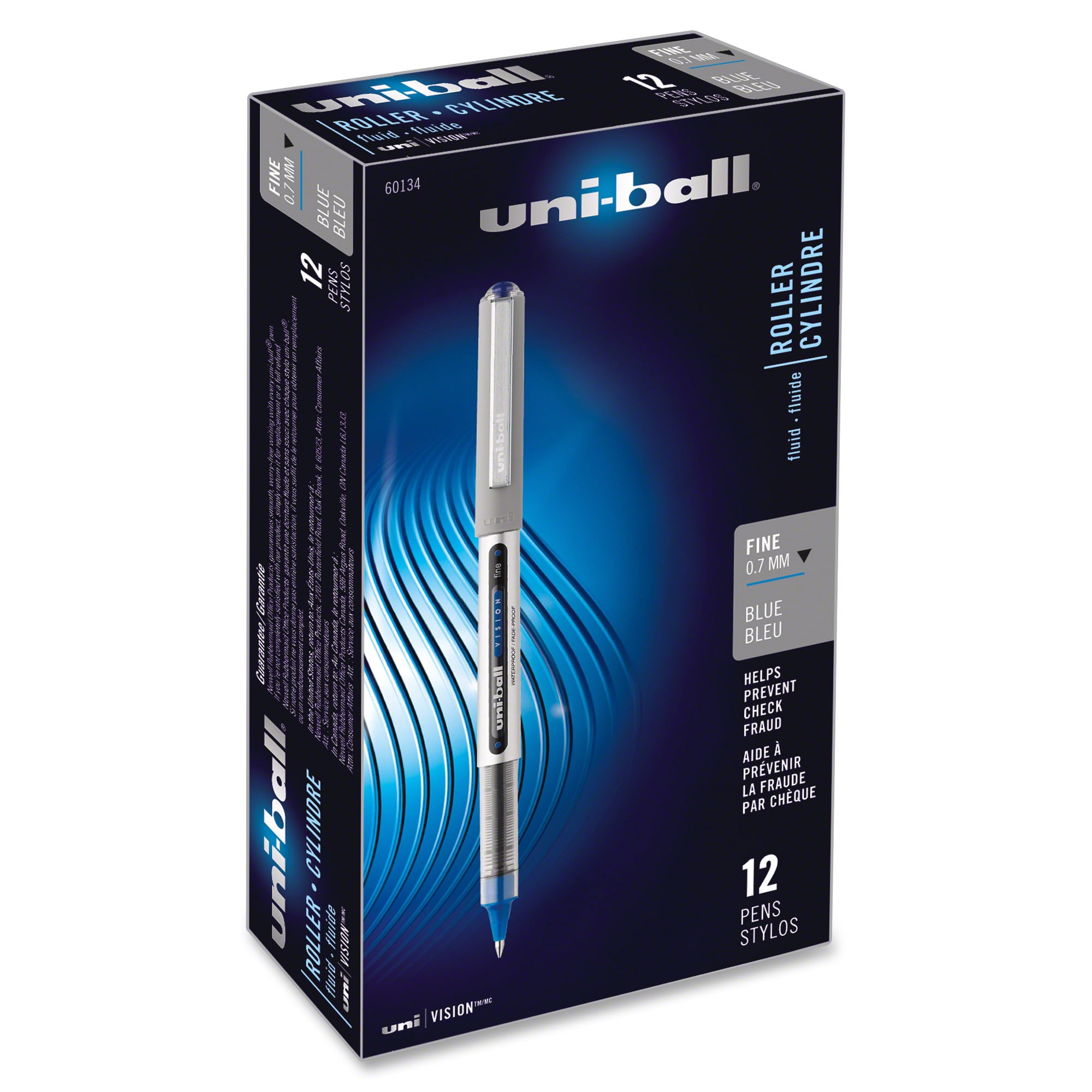 uni-ball® Vision™ Rollerball Pens, Fine Point, 0.7 mm, Gray Barrel, Blue Ink, Pack Of 12