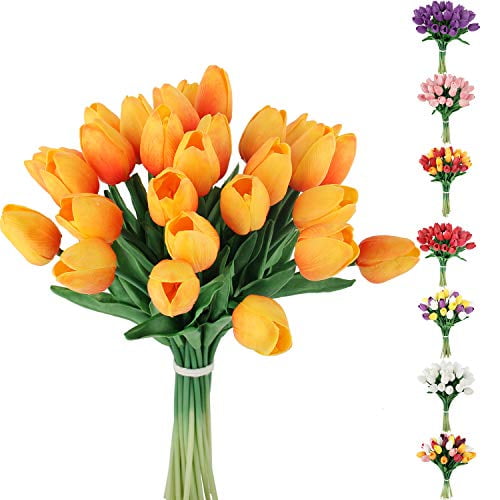 C Appok 30pcs Artificial Tulips Flowers Fake Latex Tulip Stems Real Touch Faux Orange Tulips Flower For Easter Spring Wedding Bouquet Centerpiece Floral Arrangement Cemetery Table Decor Walmart Com Walmart Com