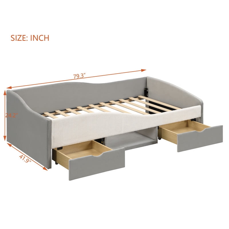 Twin Size Upholstered Daybed Frame, Low-Profile Storage Platform Bed with 2 Drawers and Open Compartment, Two-Tone Accent Kids Bed