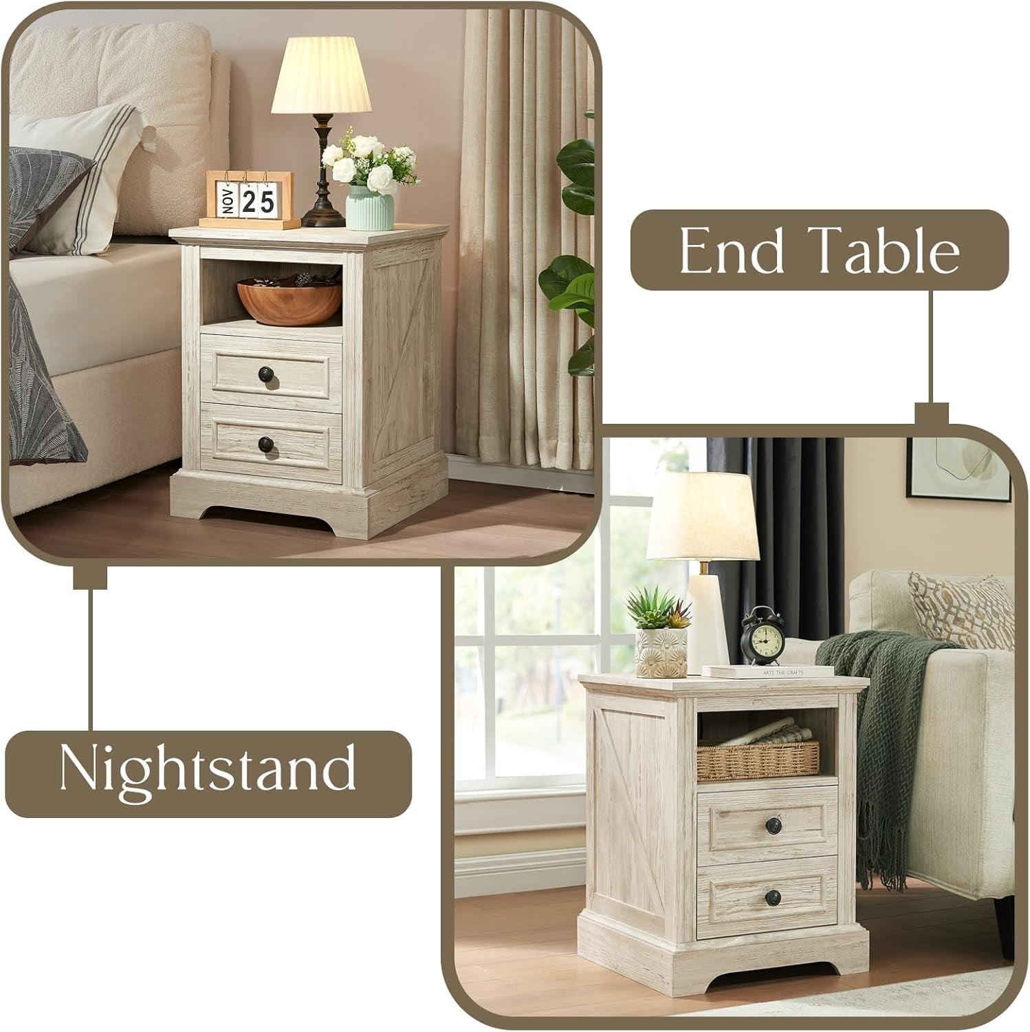 Vecenuy Nightstand with Charging Station,nd Table, Side Table with 2 Drawers Storage Cabinet for Bedroom, Living Room,18" Retro Bedside Table, Washed Gray