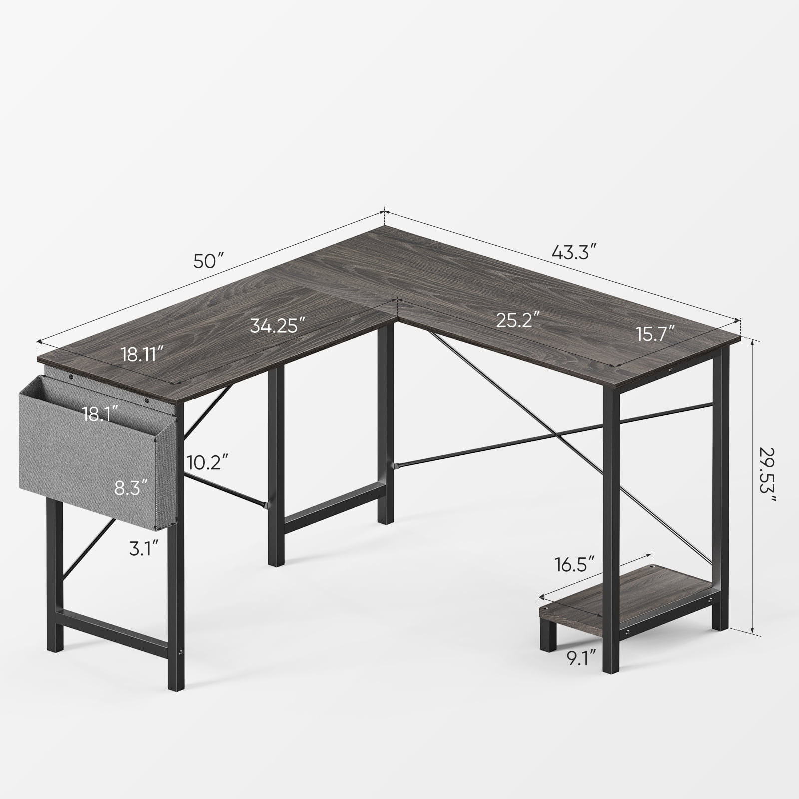 CONCETTA Modern L-Shaped Desk, Computer Desk Sleek Design, Spacious Workspace, Gray