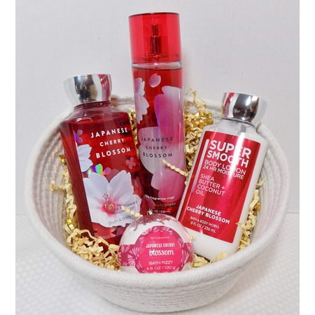 Bath And Body Works Japanese Cherry Blossom 4 Pc Gift Set In Reusable Basket
