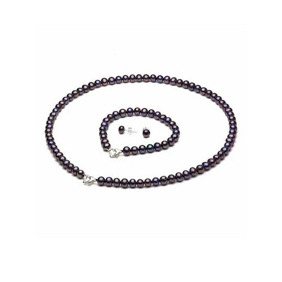 ADDURN 9-10mm Black Freshwater Pearl Heart-Shape Sterling Silver Necklace (18"), Bracelet (7") Set with Bonus Pearl Stud Earrings