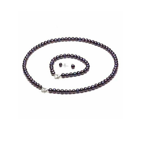 9-10mm Black Freshwater Pearl Heart-Shape Sterling Silver Necklace (18"), Bracelet (7") Set with Bonus Pearl Stud Earrings