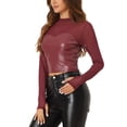thumbnail image 4 of Allegra K Top for Women's Faux Leather Long Sleeve Mesh Sheer Corset XL Wine Red, 4 of 6