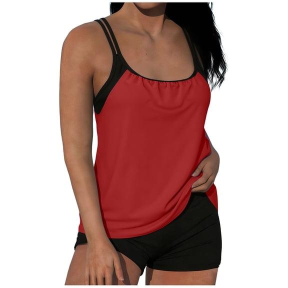 Sahpxhe Swimsuits for Women Two Piece Tankini Bathing Suits with Boy Short Bottoms Built in Bra Tank Top Swimwear Wine S
