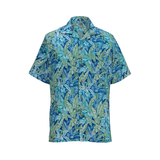 Ed Garments Button Down Tropical Leaf Print Camp Shirt , ROYAL, XX-Large