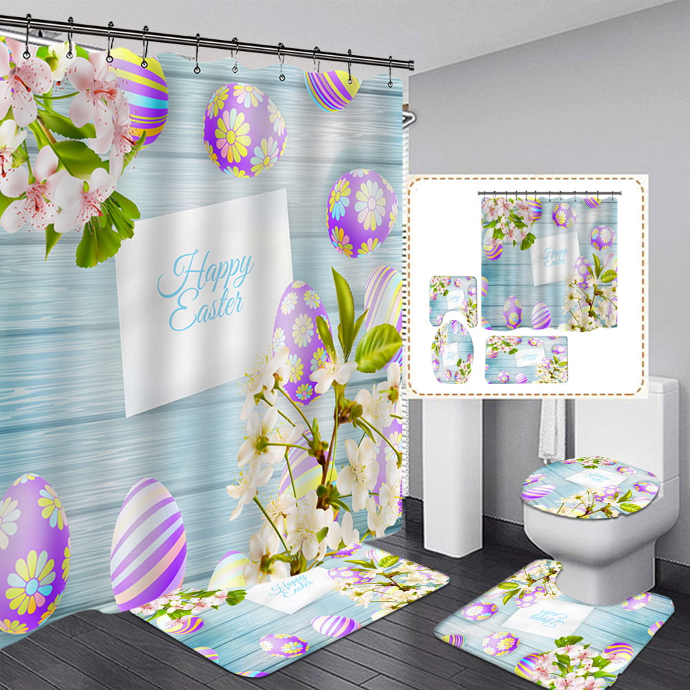 The Easter Bunny Theme Waterproof Fabric Home Decor Shower Curtain Bathroom Mat 