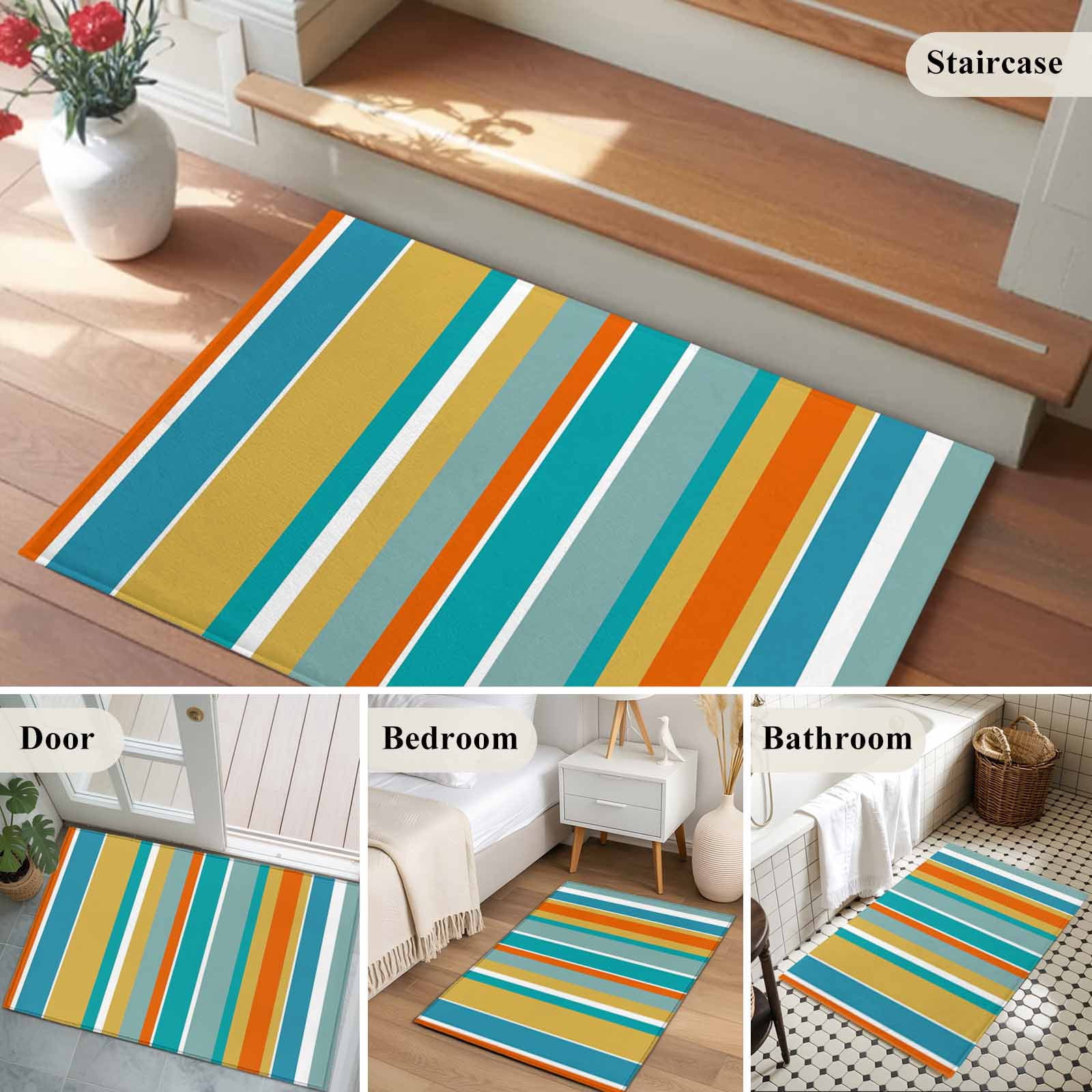 Blue Teal Orange Striped Entryway Rug 2'x3'&nbsp; Non Slip Front Door Mats, Farmhouse Stripe Entrance Rugs Indoor Outdoor Carpet, Washable Floor Mats Small Area Rug for Bedroom Kitchen