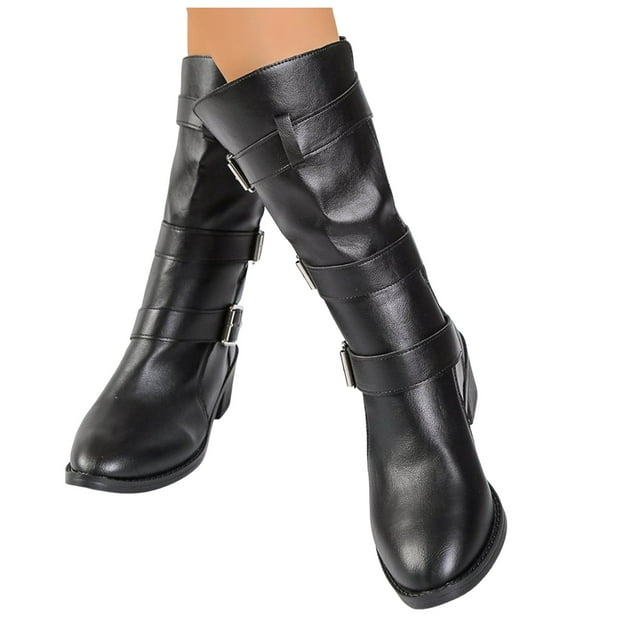 Womens Vintage Buckles Mid Calf Motorcycle Riding Combat Boots Leather Pointed Toe Chunky Heel Winter Fall Tall Boots Black Size 7