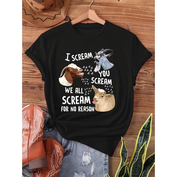 I Scream You Scream Funny Goat Graphic Letter Print Crew Neck Short Sleeve Casual T-Shirt