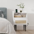 thumbnail image 3 of Rattan Nightstands Set of 2, Black Side Table with Drawer and Storage Shelves, Small Bedside Table with Charging Station, Wood End Table for Bedroom, Living Room, Sofa, White, 3 of 5