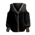 thumbnail image 6 of USSUMA Women's Sexy Cold Shoulder Tops and Blouses Trendy Leopard V Neck Blouse Button up Lantern Sleeve Shirt Tops Dressy, 6 of 7