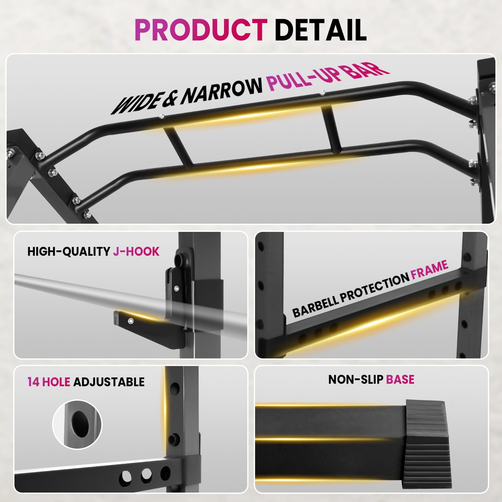 Squat Rack Power Cage, 1200LB Frame Power Rack, 2”x2”Square Multi - Function Home Gym Squat Rack with J-Hooks for Fitness Workouts