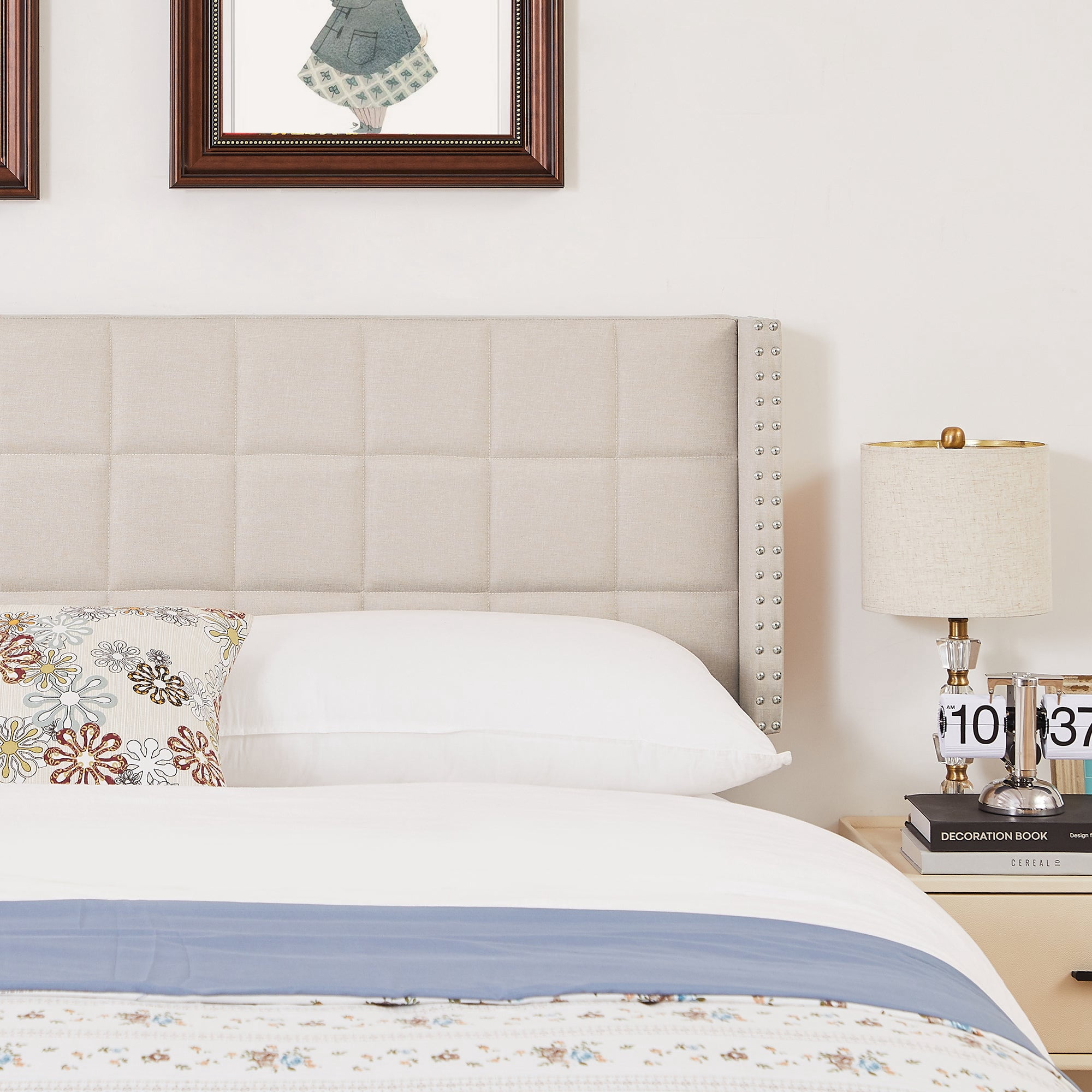 VECELO Queen Size Adjustable Height Upholstered Headboard, Modern Wingback Headboard with Double Nailhead Trimming and Button Tufting for Bedroom, Beige