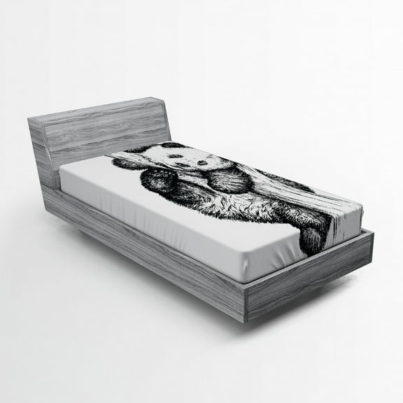 Ambesonne Animal Fitted Sheet, Little Panda Bear, Twin Size, Black and White