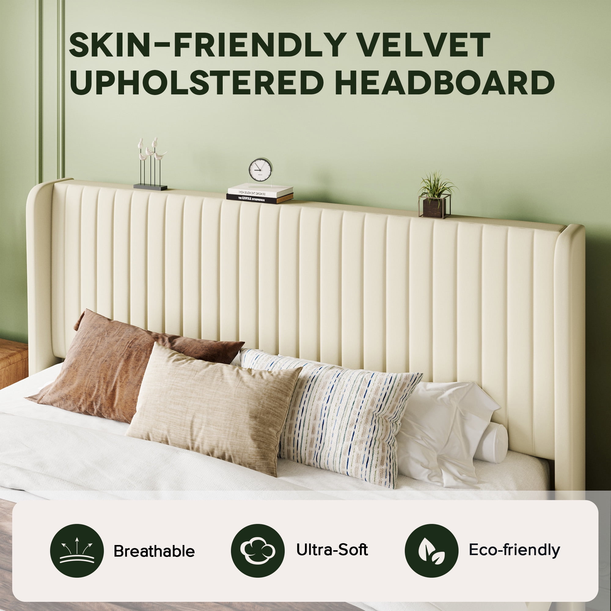Einfach King Bed Frame, Upholstered Platform Bed with Wingback Headboard, No Box Spring Required, Cream White