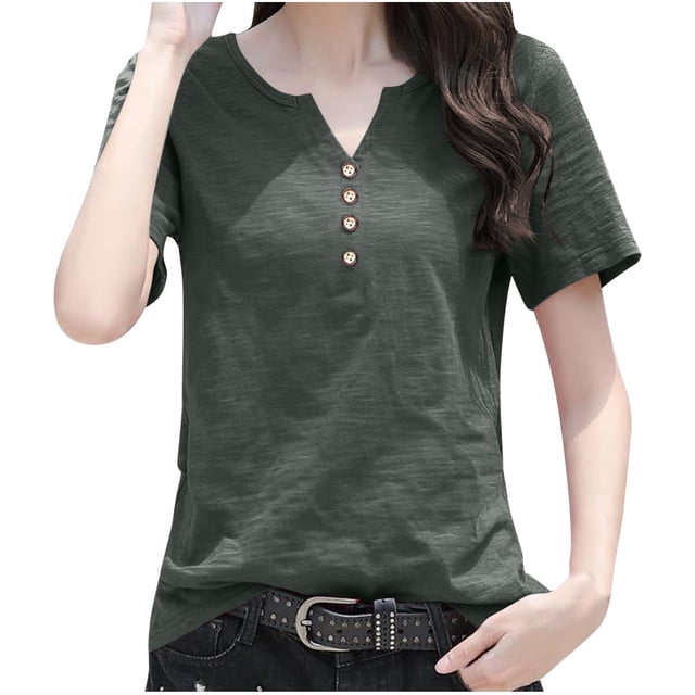 Kaemgyyd Womens Tops Notch V Neck Short Sleeve Summer Tops Plus Size Button up Solid Color Beach Vaction Clothes