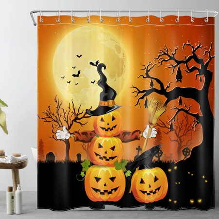 HVEST Scary Halloween Shower Curtain for Bathroom,Orange Pumpkin Witch Hat and Broom Fabric Shower Curtain with Hooks,Night Forest Full Moon Bathroom Curtain Shower Set, 72x78 inches