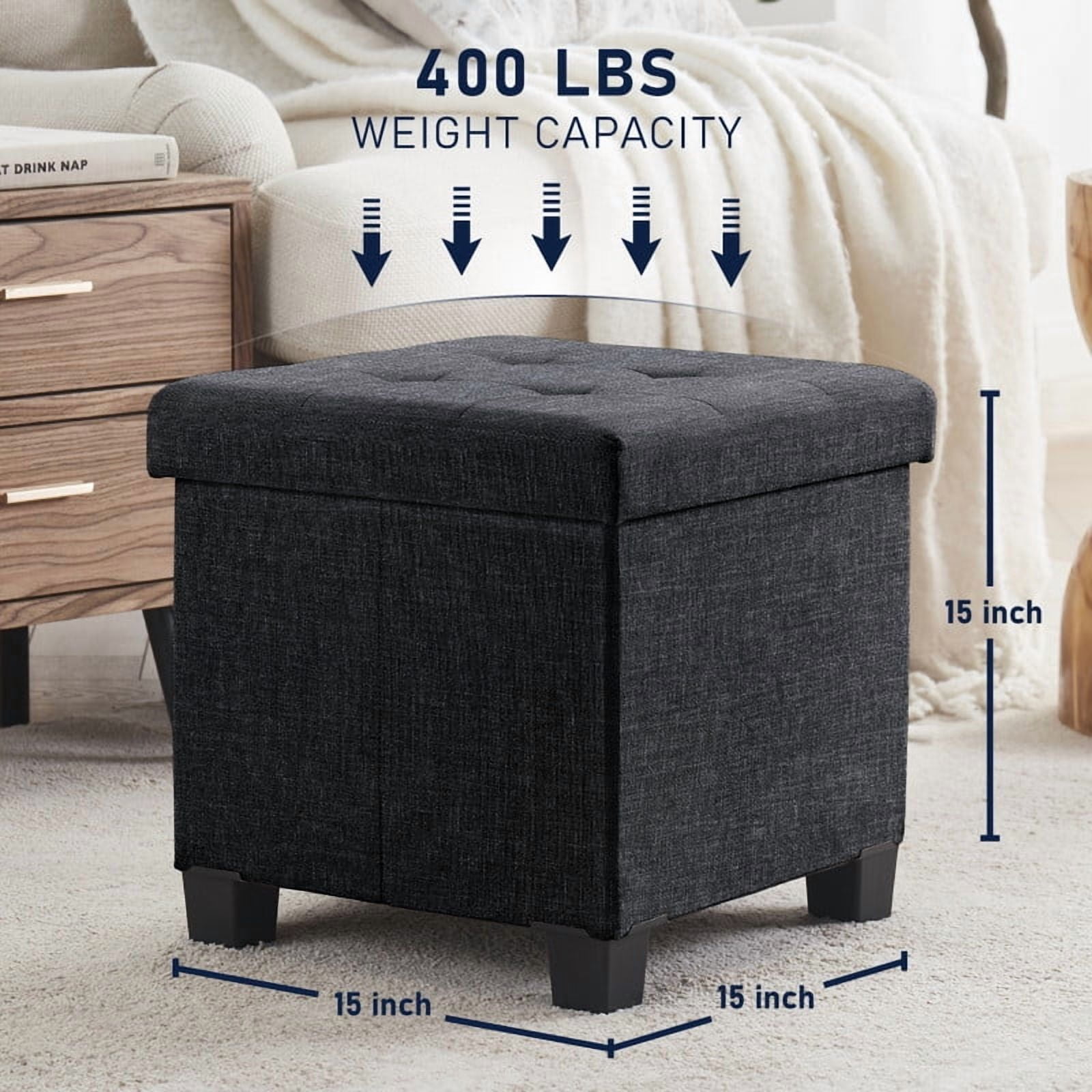 Ornavo Home 15 Inch Folding Storage Ottoman with Storage, Square Cube Linen Small Storage Ottoman Foot Rest Stool with Legs
