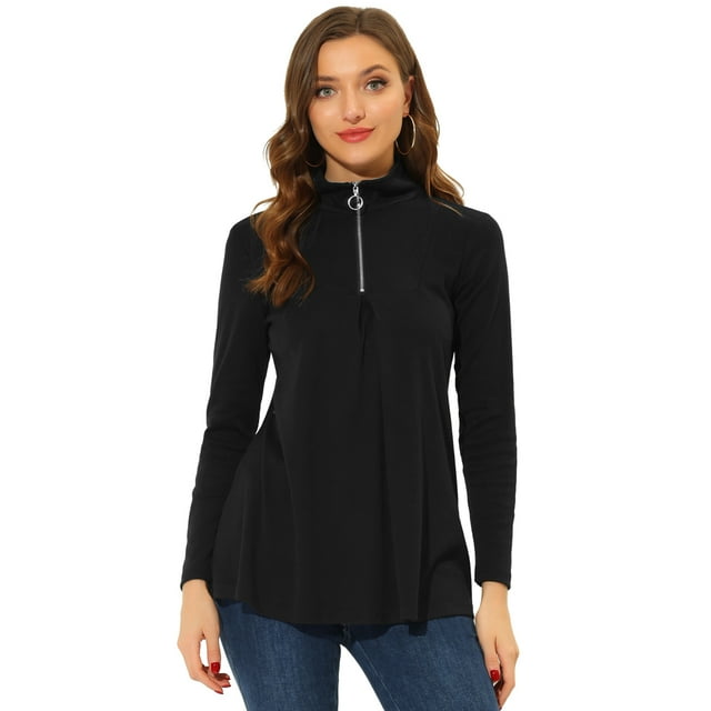 Top tipo túnica Allegra K con cremallera frontal plisada y cuello alto Negro XS