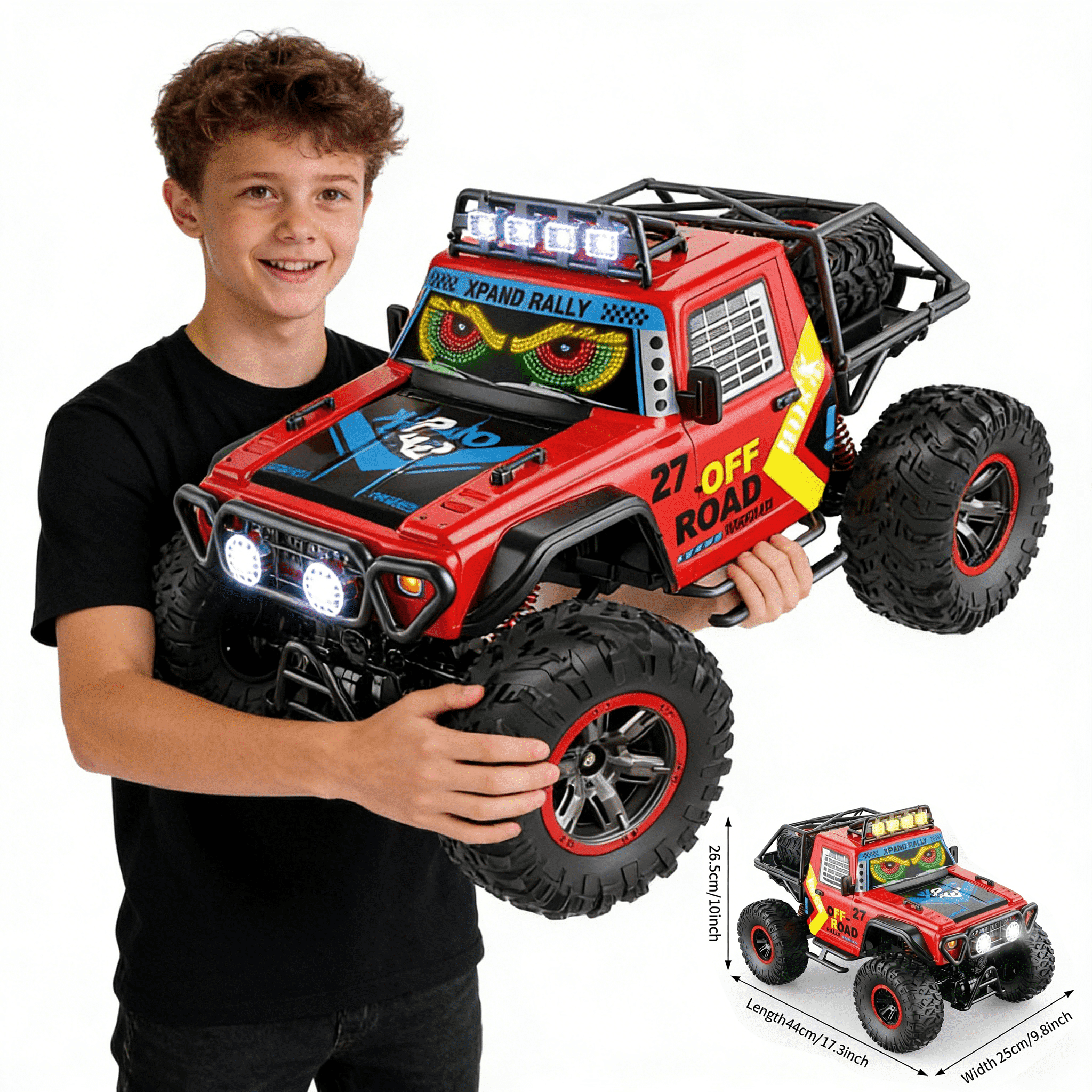 HNH 1:10 Big Remote Control Car for Kids, 4WD Off Road Rc Car Monster Truck with LED Light, Music, 25KM/H, 2 Batteries