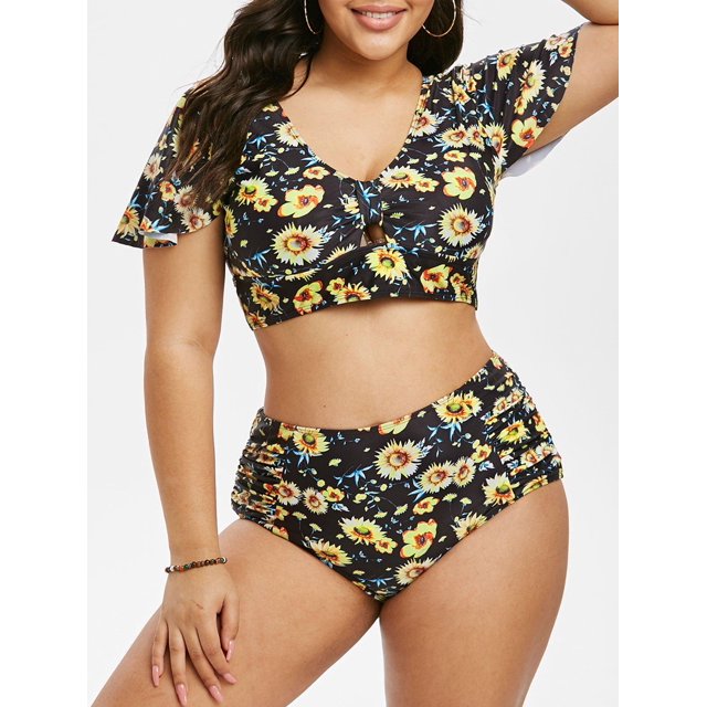 Más el tamaño de la impresión floral del traje de baño de dos piezas Rosegal Camisetas sin mangas de talla grande