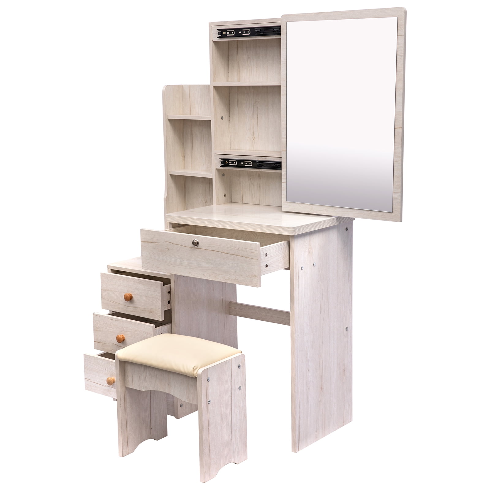 Resenkos Makeup Vanity Set with Mirror Cushioned Stool Open Storage Shelves and 4 Drawers White Oak