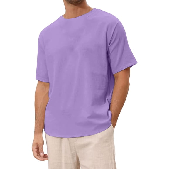 Daznico Mens Shirts - Men's Linen Solid Color Shirt Short Sleeve Crew Neck Beach Top Vintage T Shirt for Men - Shirts for Men,Color:Purple,Size:XL