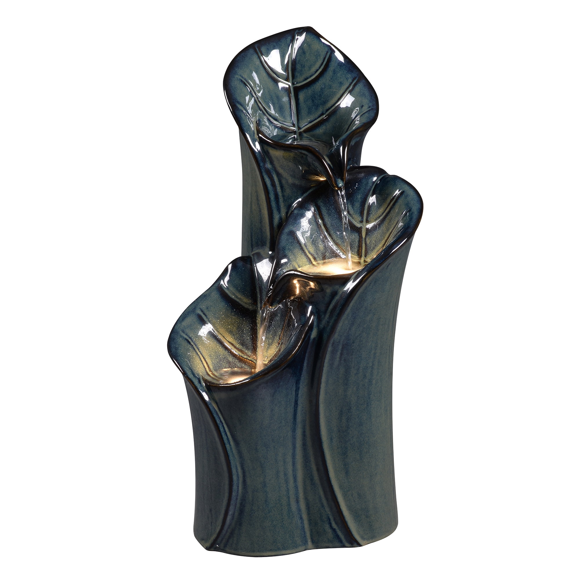 Blue Glazed Gray+Brown Ceramic Outdoor Water Fountain with Lights, Tiered Cascading Fountain, ETL Listed, Weather-Resistant Garden Water Feature with Pump for Patio, Deck, Porch & Backyard