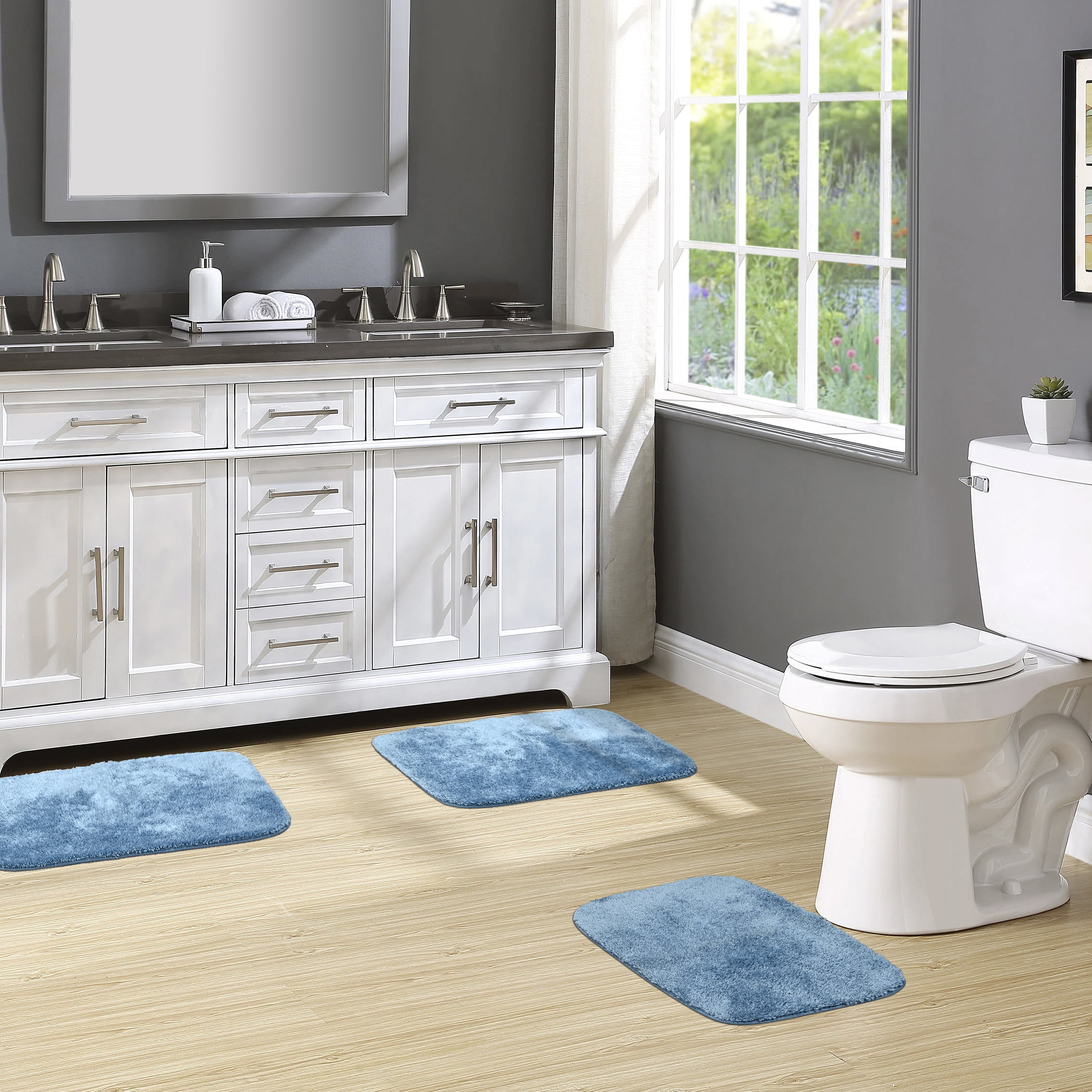 Garland Rug Traditional Washable Bath Rug Set, 3-Piece Set (17"x24" Bath Rug and Two 21"x34" Bath Rugs) Basin Blue