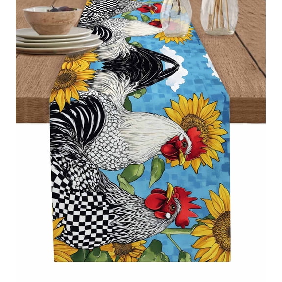 Vintage Sunflower Rooster Table Runner 36 Inches, Summer Elegant Flower Bed Runner Dresser Scarves Tabletop for Indoor Outdoor Parties/Ceremony/Banquet, 13"x 36"